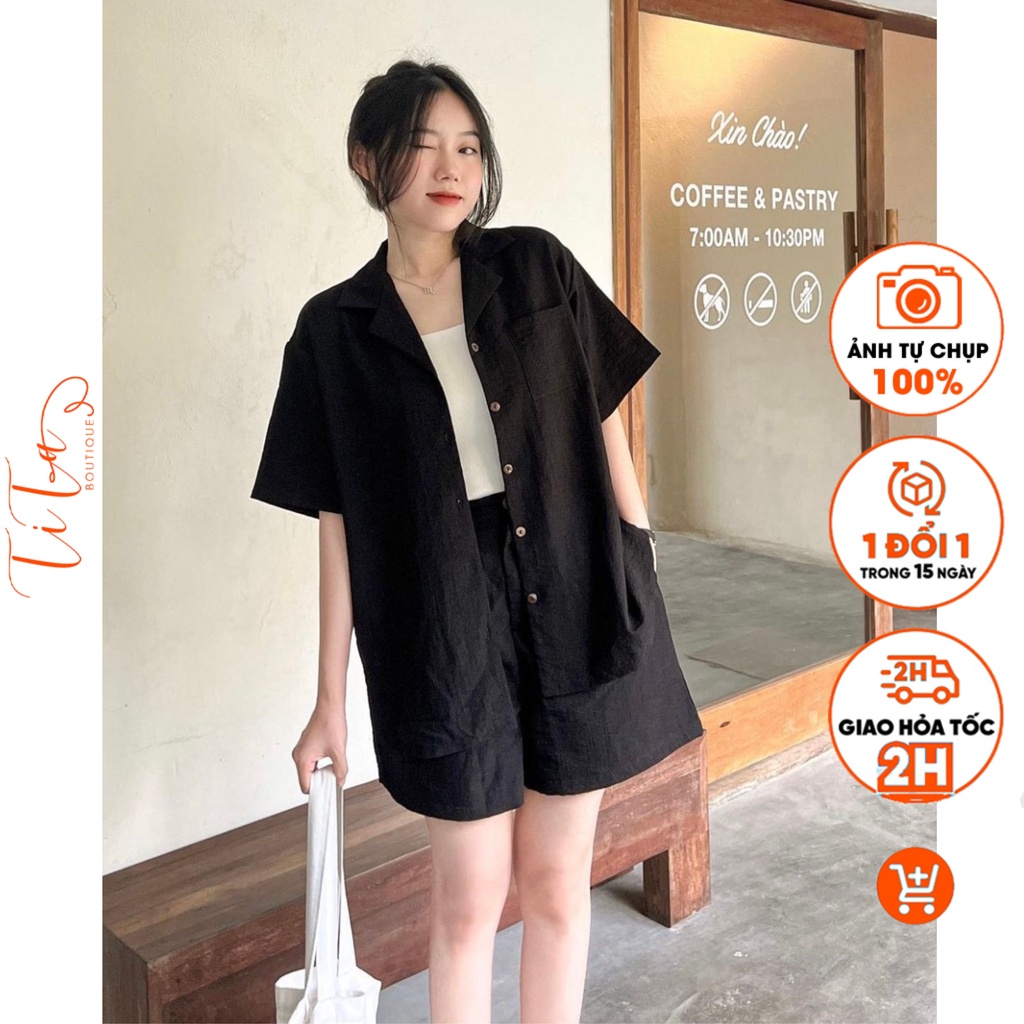 Bộ đùi nữ TONKI SET, Set đồ nữ bộ quần short đùi áo form rộng tay lỡ cổ vest quần bo chun Unisex nam nữ - TiTa Boutique