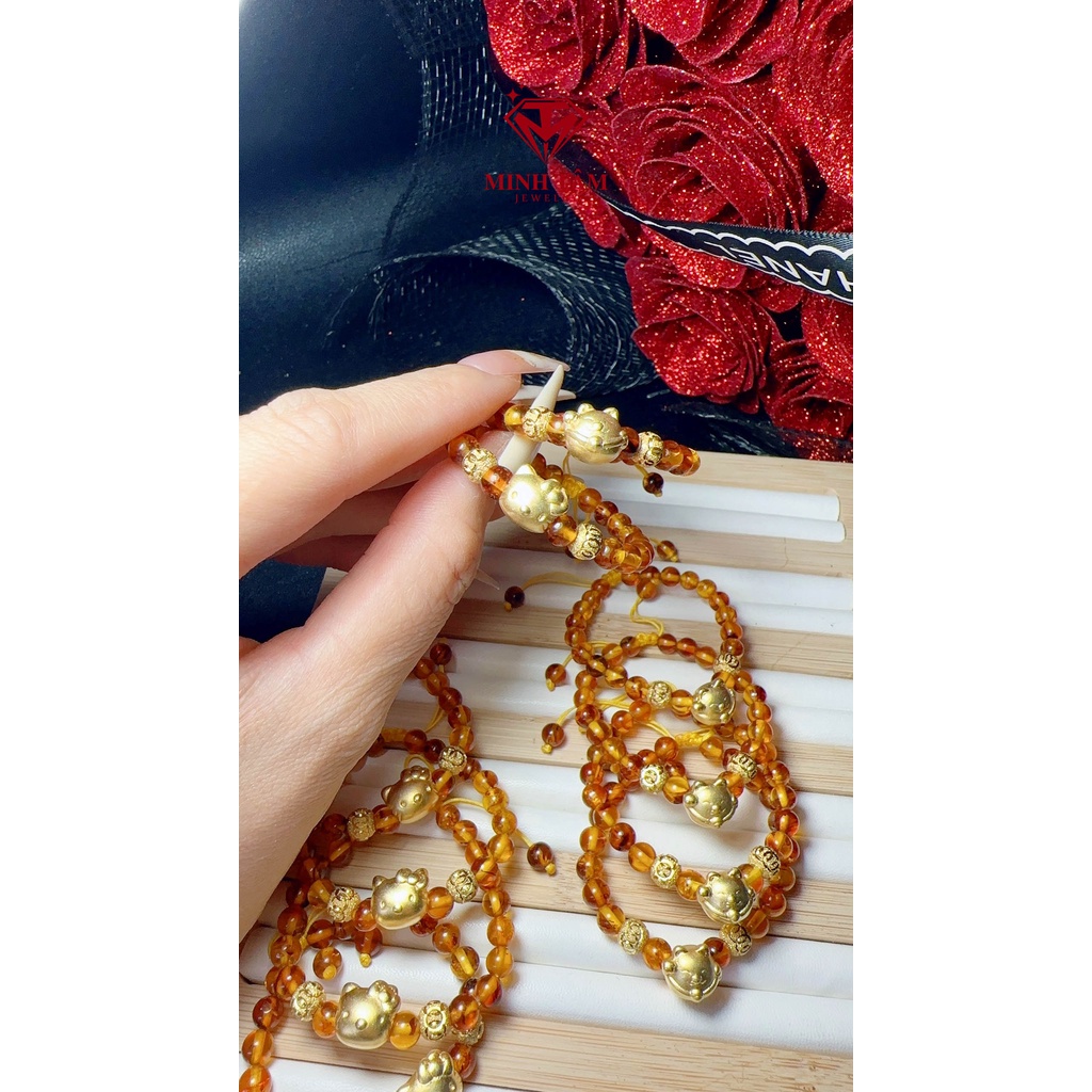 Vòng tay hổ #phách mèo Hello Kitty, Vòng hổ #phách con giáp tuổi Mão bạc xi vàng cho bé Minh Tâm Jewelry