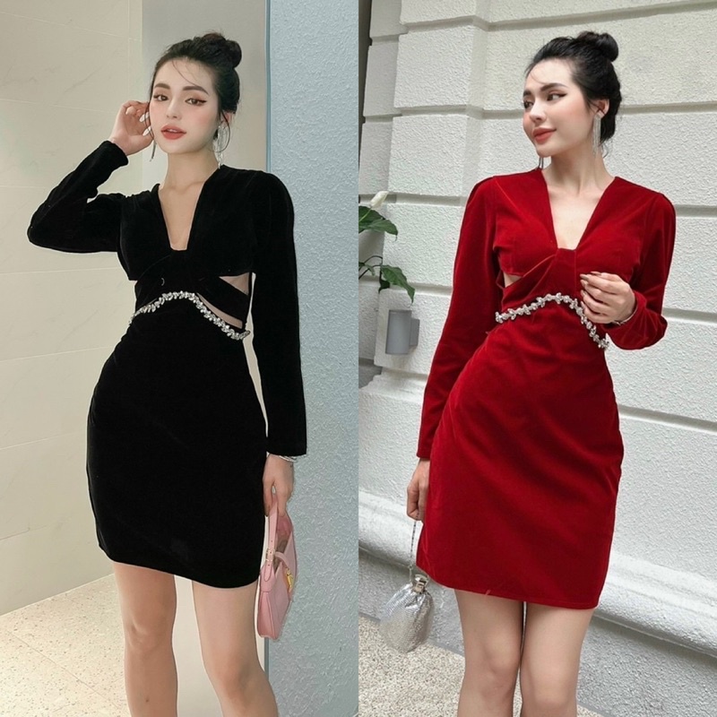 Đầm nhung đỏ đen tay dài xẻ hở ngực khoét eo đính đá, váy ngắn tiểu thư ôm body thiết kế sang trọng quý phái dự tiệc bar