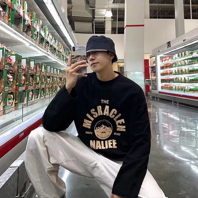 Áo Thun Tay Dài Cổ Tròn Dáng Rộng In Họa Tiết Thời Trang Phong Cách Hàn Quốc Cho Nam Và Nữ