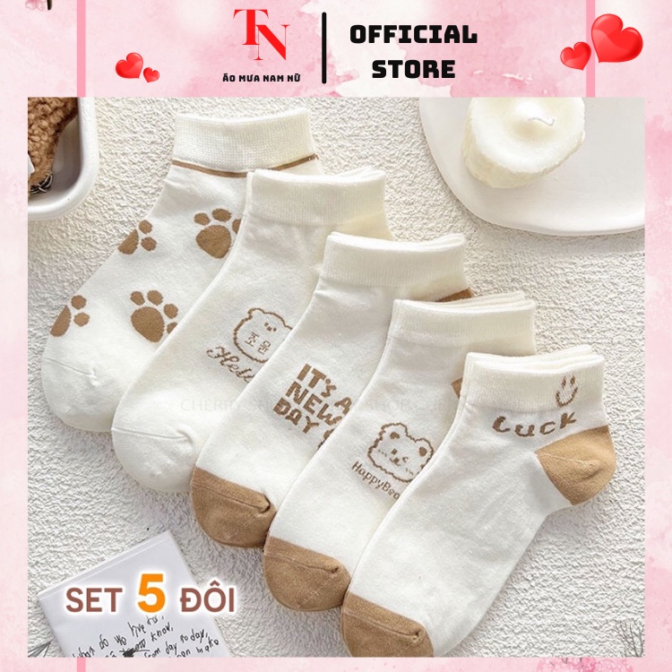 Tất cổ ngắn nữ họa tiết hình gấu thiết kế phong cách Hàn, set 5 đôi vớ nữ dễ thương M2041 - Tình Ngọc Store