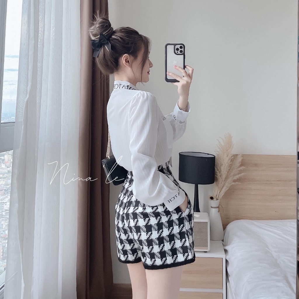 Set áo sơmi trắng thắt nơ viền chữ kèm quần short zigzag Rossy Fashion - SR200