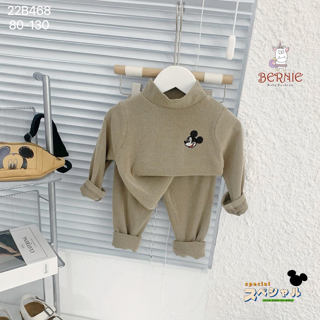 Bộ nhung tăm cổ 3P Mickey thêu nổi Bernie cho bé trai, bé gái