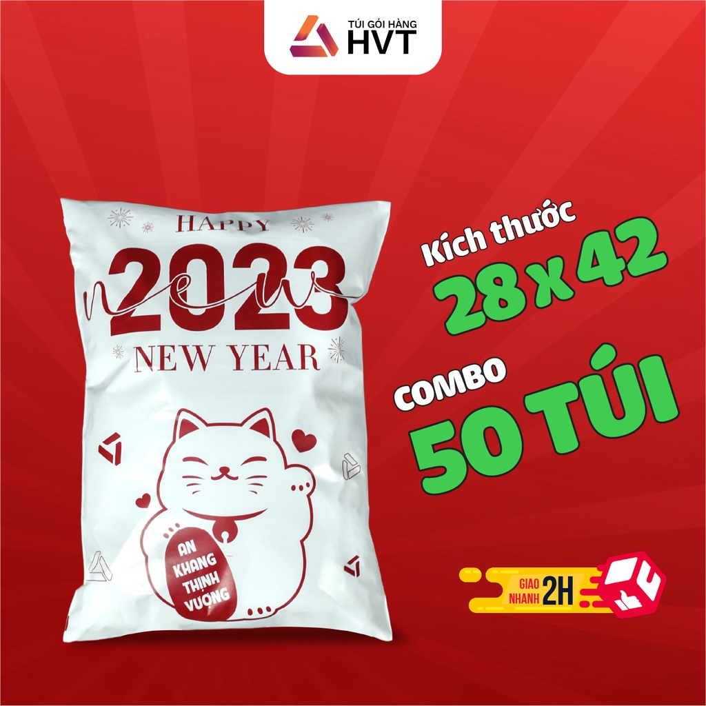 Túi Gói Hàng Niêm Phong Đóng Hàng Chuyển Phát Nhanh NHUAHVT In Sẵn Happy New Year Cuộn 50 Cái