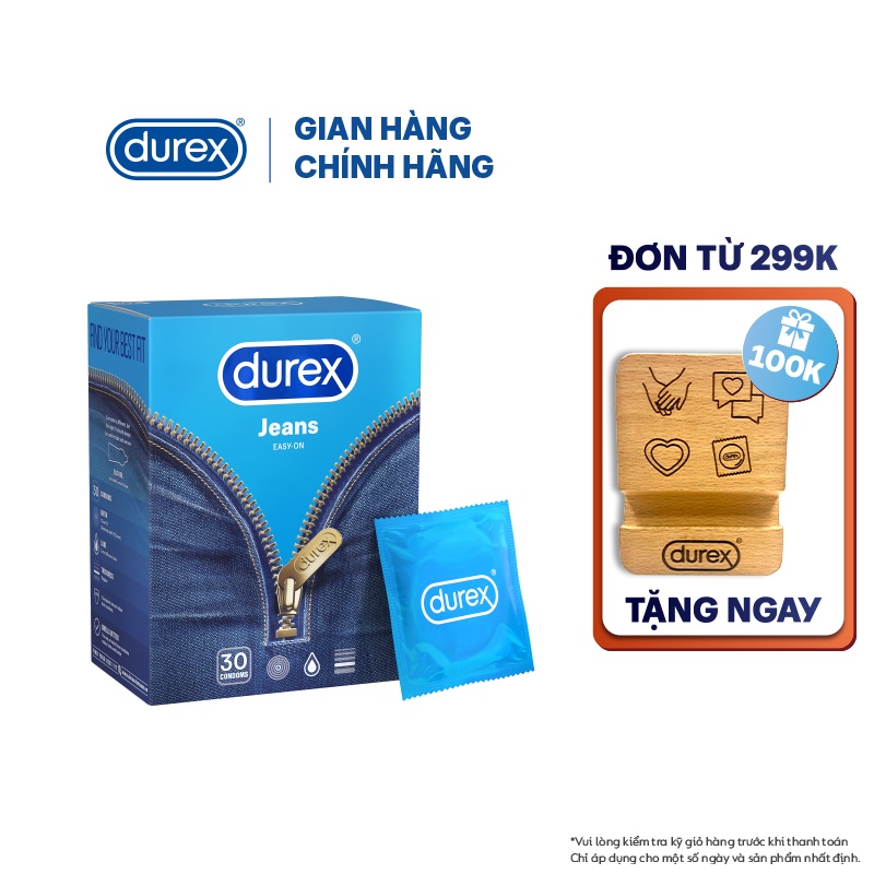 [ ĐỘC QUYỀN] Bao cao su Durex Jeans cơ bản, bôi trơn, size 52.5mm, hộp 30 bao