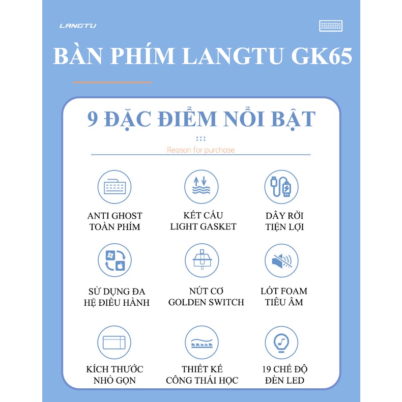 Bàn phím cơ Langtu GK65 Golden Switch với thiết kế mini 65 phím kết nối không dây qua Bluetooth và chip USB 2.4GHz
