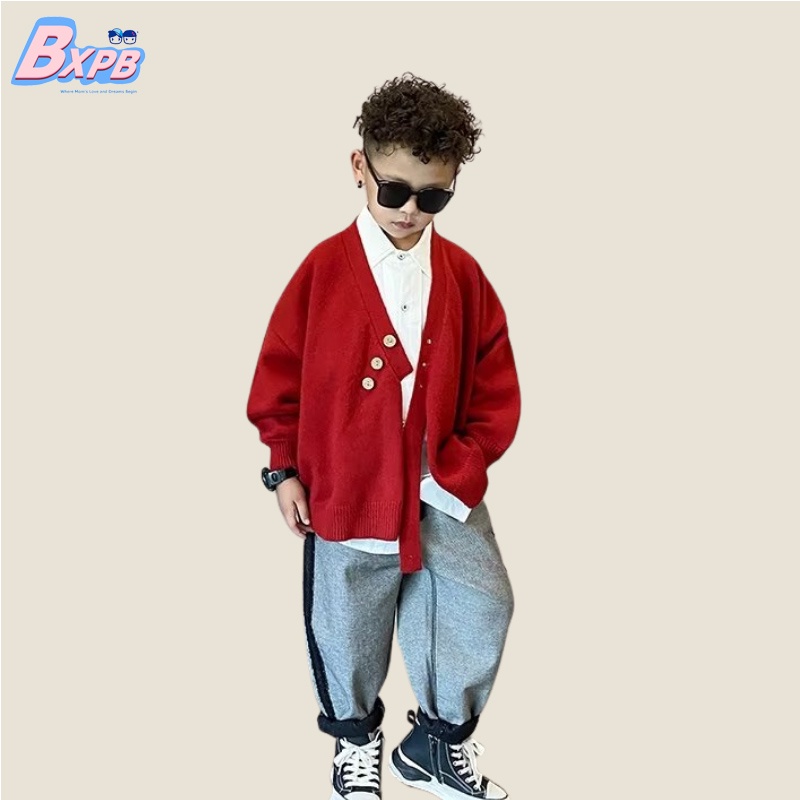 Áo Khoác Len Cardigan Dáng Rộng Thoải Mái Thời Trang Năm Mới Cho Bé Trai 3-15 Tuổi 110-170