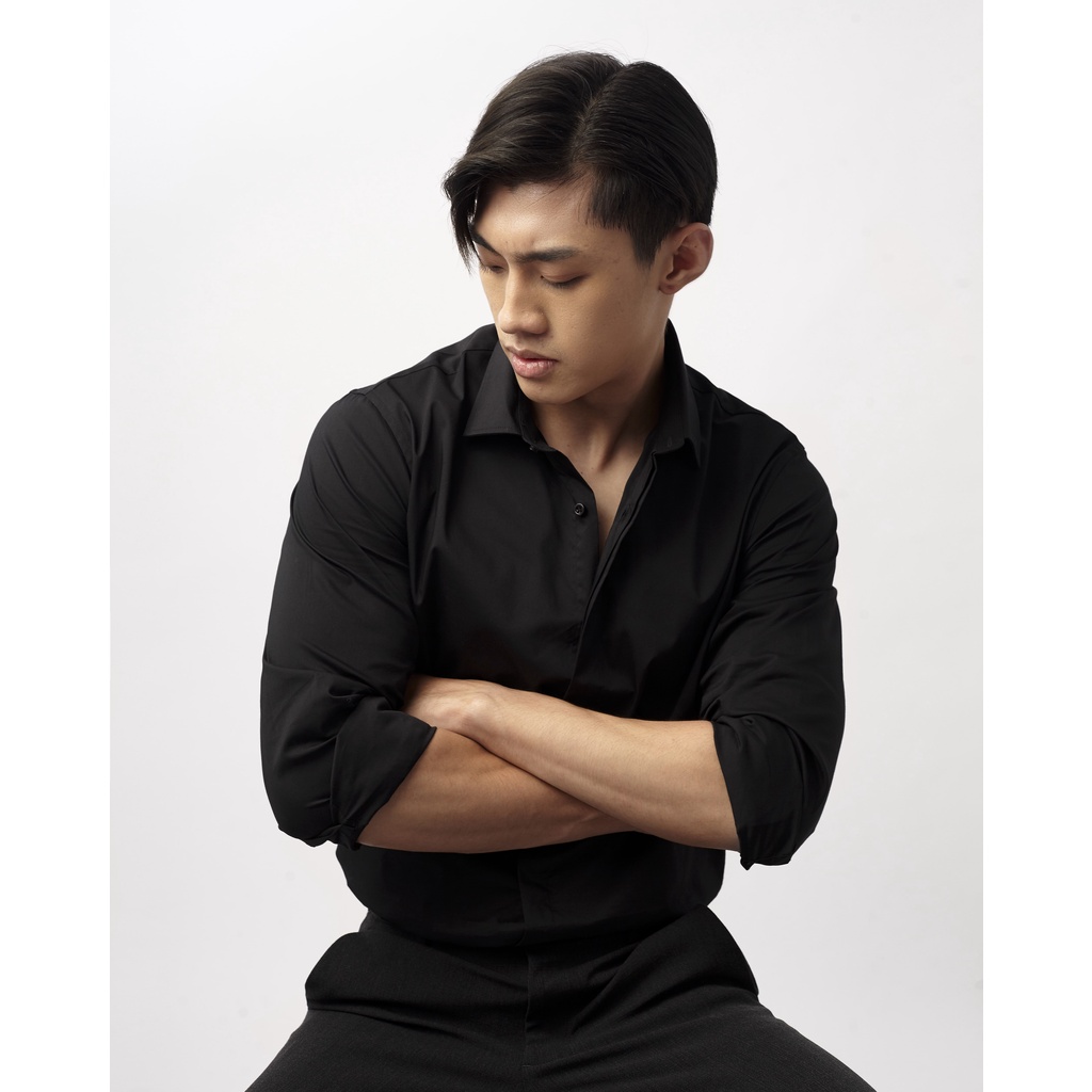 Áo sơ mi đen tay dài nam MRC 2012080-2LH chất vải cotton mềm mịn, form slimfit trẻ trung, sang trọng - MENFIT