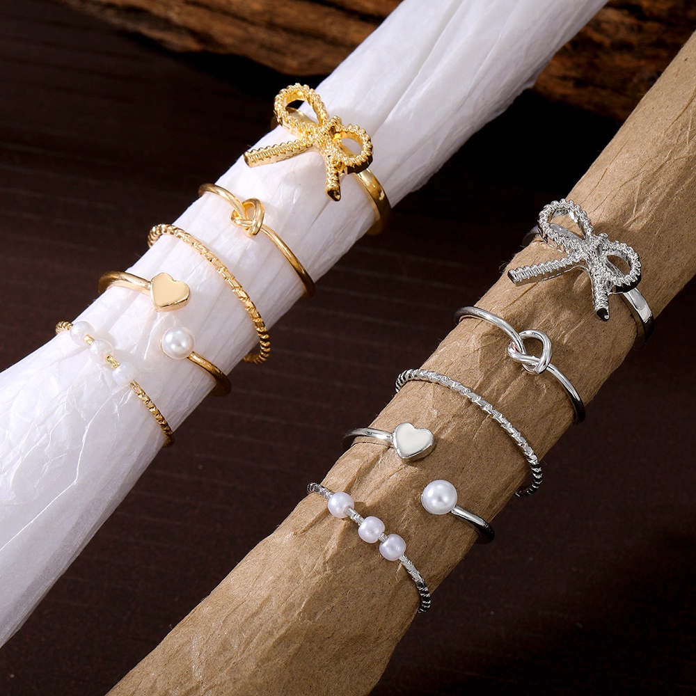 Nhẫn Hình Nơ Đính Ngọc Trai Giả Bằng Kim Loại Màu Vàng / Bạc Thời Trang Cho Nữ