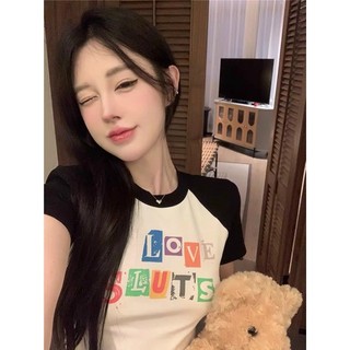 ÁO THUN CROPTOP TAY PHỐI ĐEN IN LODE