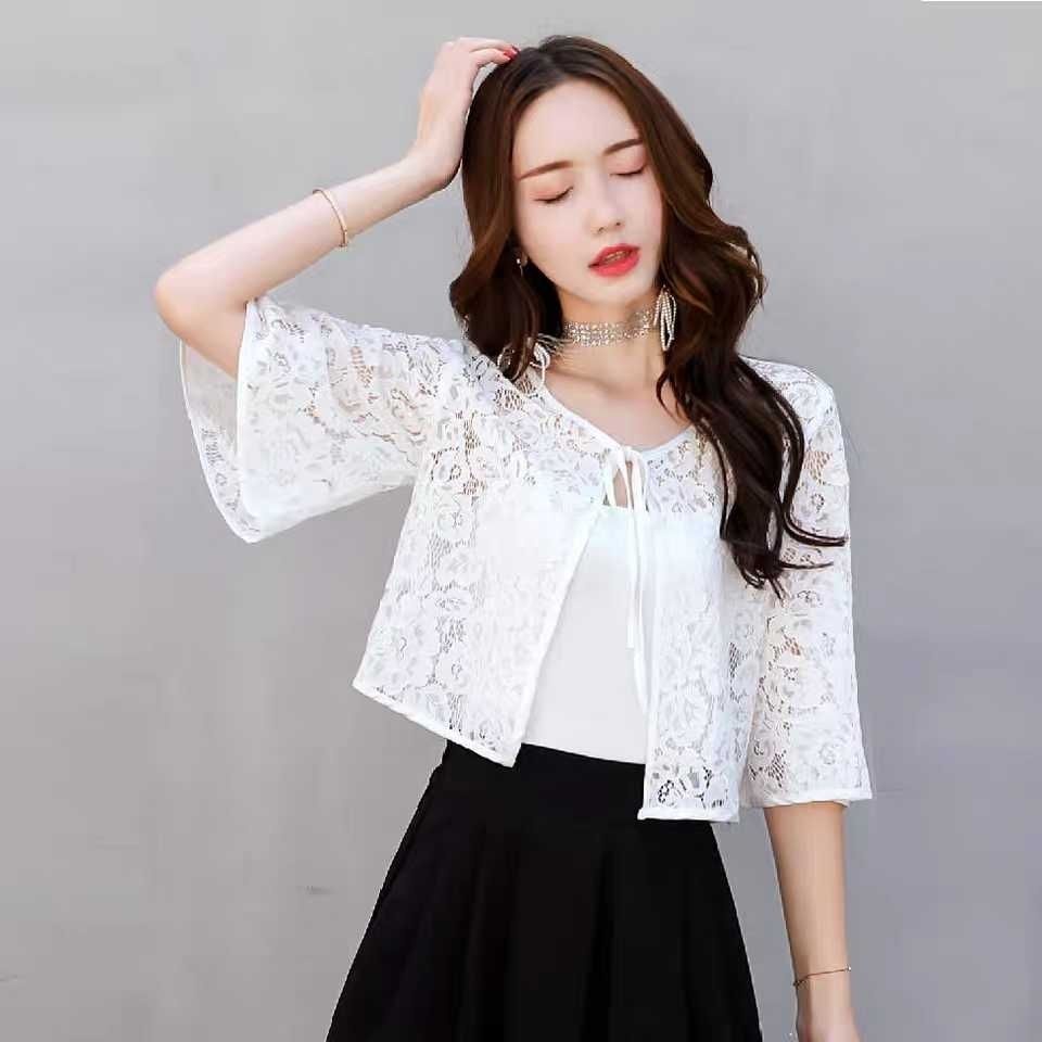 Kanavi Áo Choàng Cardigan Mềm Mỏng Màu Trơn Phối Ren Rỗng Kiểu Hàn Quốc Cho Nữ