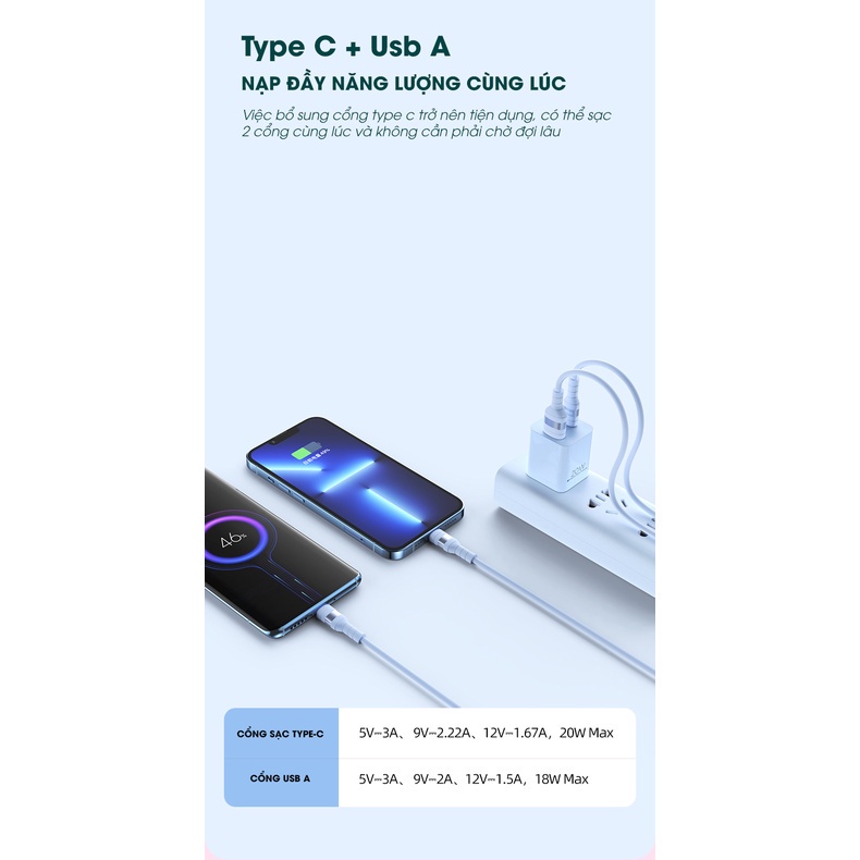 Cốc Sạc nhanh  Pisen 20W  2 cổng Type-C  + USB  Hỗ Trợ sạc nhanh PD 20W , QC 3.0  cho Điện thoại   - ACSTORE