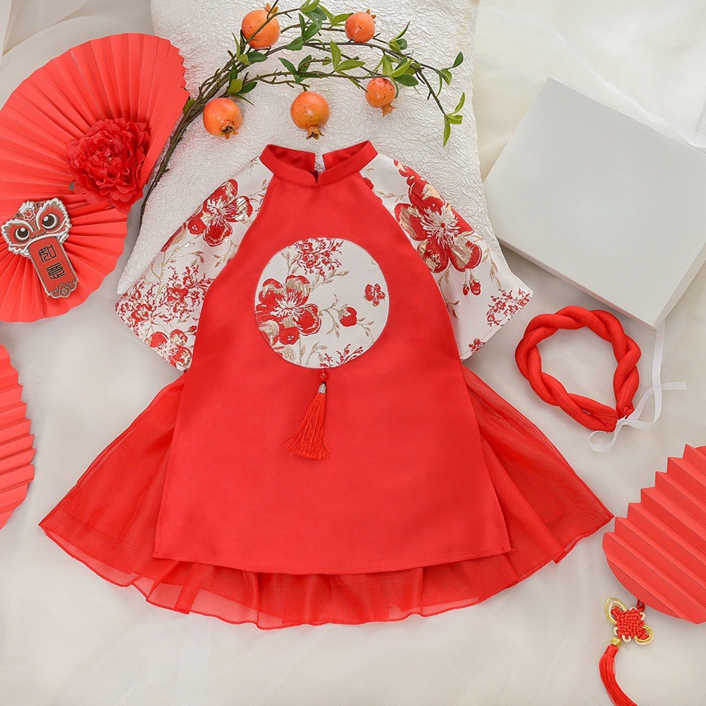 Set áo dài bé gái phối gấm hoa đào 2 mầu đỏ hồng ,sét áo dài trẻ em MONKEY KIDS full size