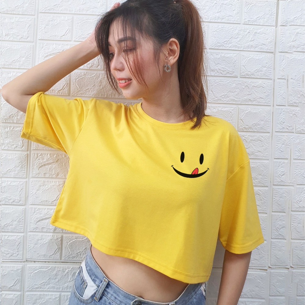 Áo Croptop Nữ Toli Tay Ngắn Cổ Tròn Vải Thun Cotton Kiểu Hàn Quốc In Hình Hoạ Tiết ( VÀNG- MẶT CƯỜI)