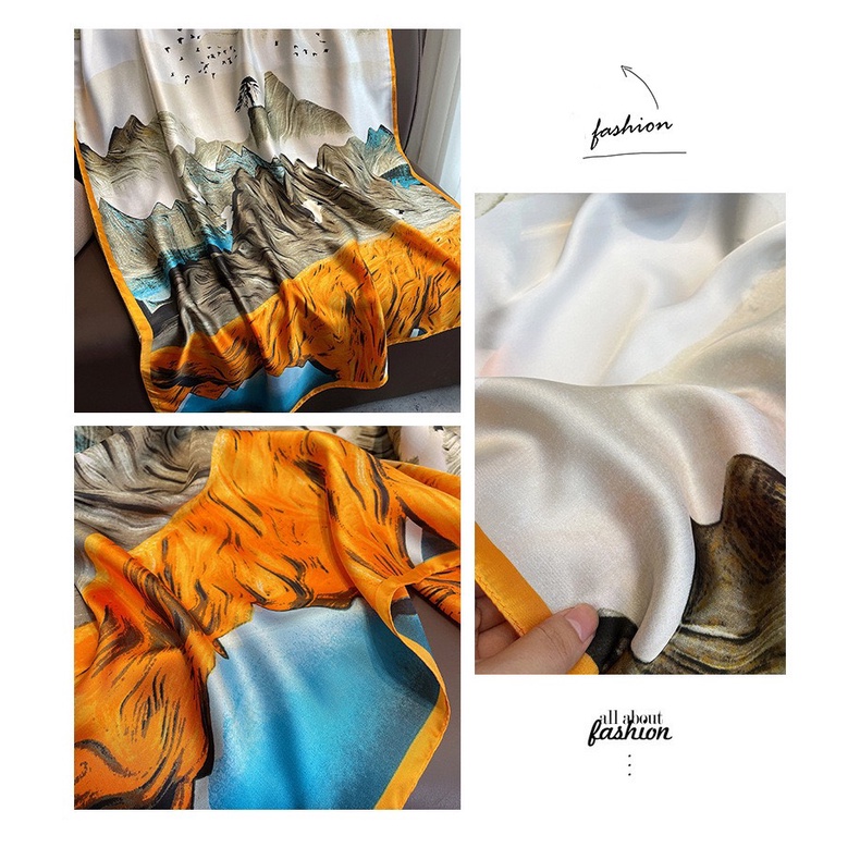 Khắn lụa satin hoạ tiết mây núi phong cảnh, khăn quàng cổ lụa phong cách nhẹ nhàng