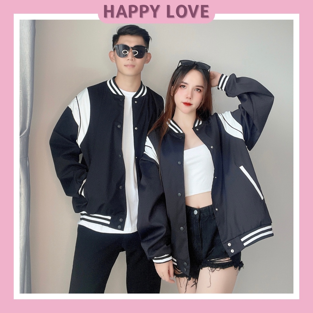 Áo Khoác Đôi Nam Nữ Couple Unisex Form Rộng Hàn Quốc Màu Đen Phối Sọc Viền Trắng QUẢNG CHÂU L1 HAPPYLOVE H43