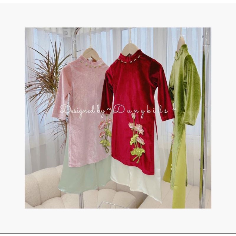 Áo dài cách tân bé gái chất liệu nhung phối voan đính đá, tay bồng điệu đà, phối màu đỏ trắng nổi bật - A03