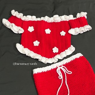 Sabrina girl💋 áo len crochet phiên bản Giáng Sinh trễ vai nhún bèo đỏ quyến rũ
