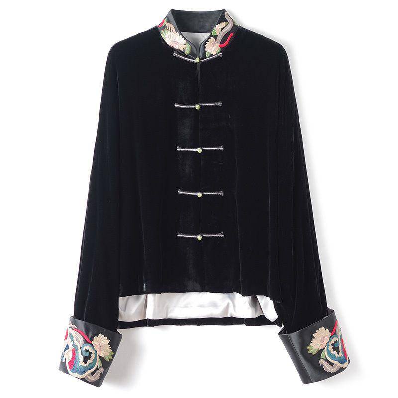 Áo Khoác satin Ngắn Cài Nút Thêu Họa Tiết Thổ Cẩm Màu Đen Kiểu vintage Trung Hoa Thời Trang Mùa Xuân