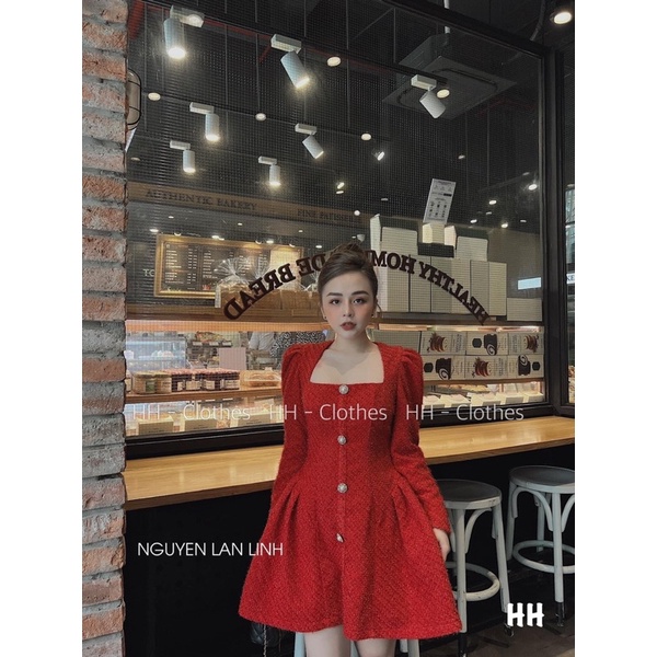 ( SALE ) Váy dạ cổ vuông khuy ngọc