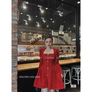 Váy dạ cổ vuông khuy ngọc