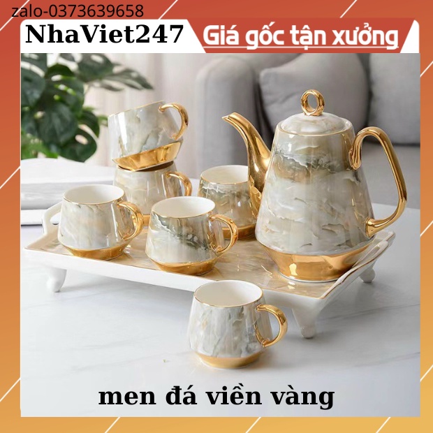 Bộ ấm chén sứ pha trà Vân đá kèm khay cao cấp phong cách châu Âu hiện đại-bộ ấm,tách trà đẹp,sang trọng,quà tặng ý ngĩa