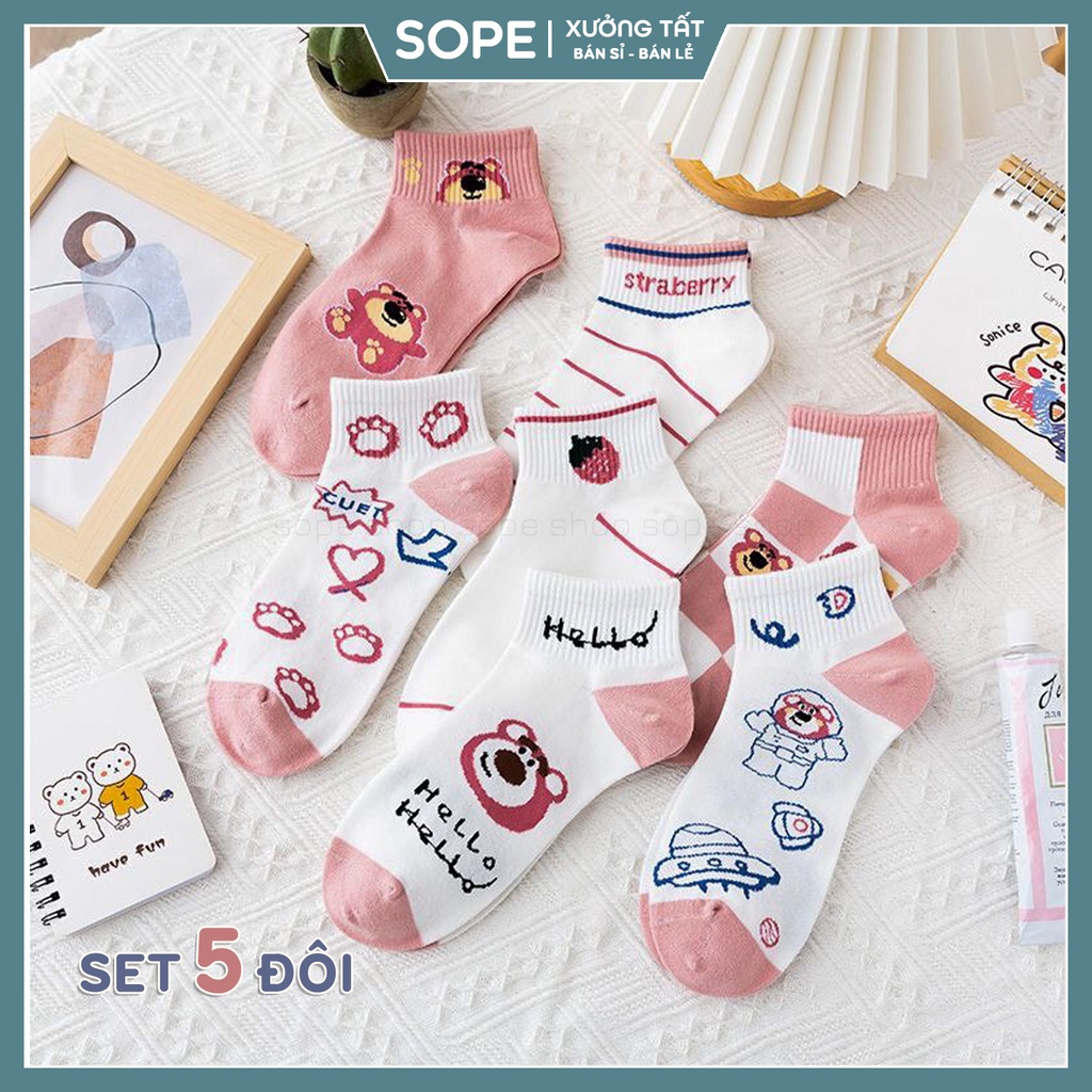 Tất vớ cổ ngắn chất liệu vải Hàn co giãn 4 chiều. sét 5 đôi vớ họa tiết xinh - Sope Shop