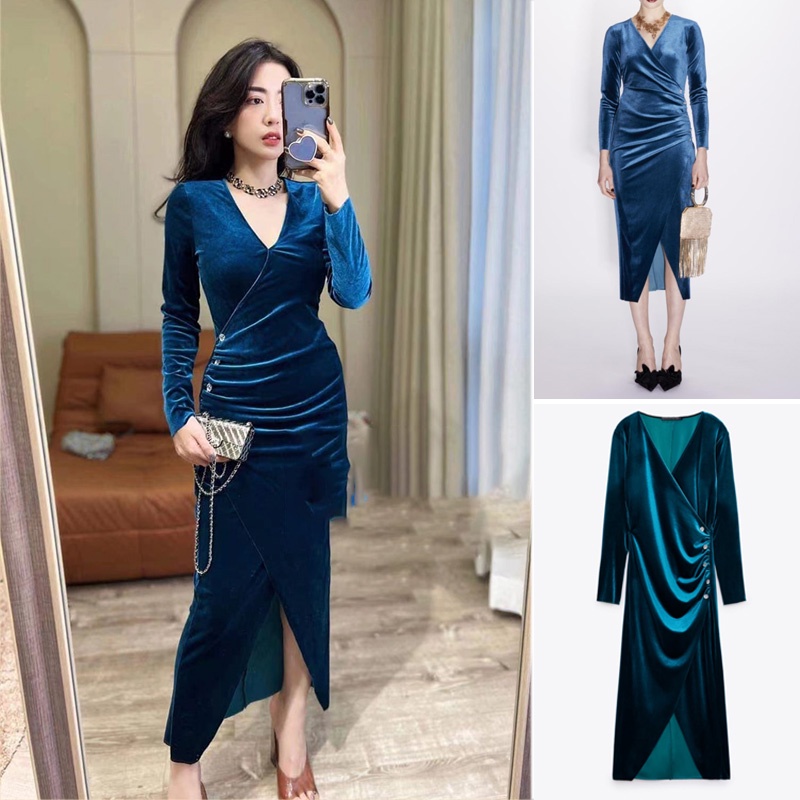Đầm Nhung Cổ V Xếp Ly Cài Nút Trang Trí Thời Trang Thu Đông Hiệu Zara 22 Kiểu Mới9280864
