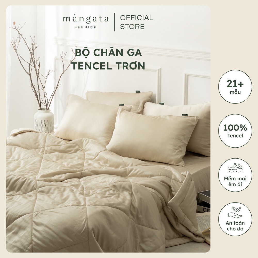 (1m8) Bộ chăn ga gối lụa Tencel 60s cao cấp 21 màu trơn MANGATA BEDDING size 1m8x2m mềm mịn mát êm ái