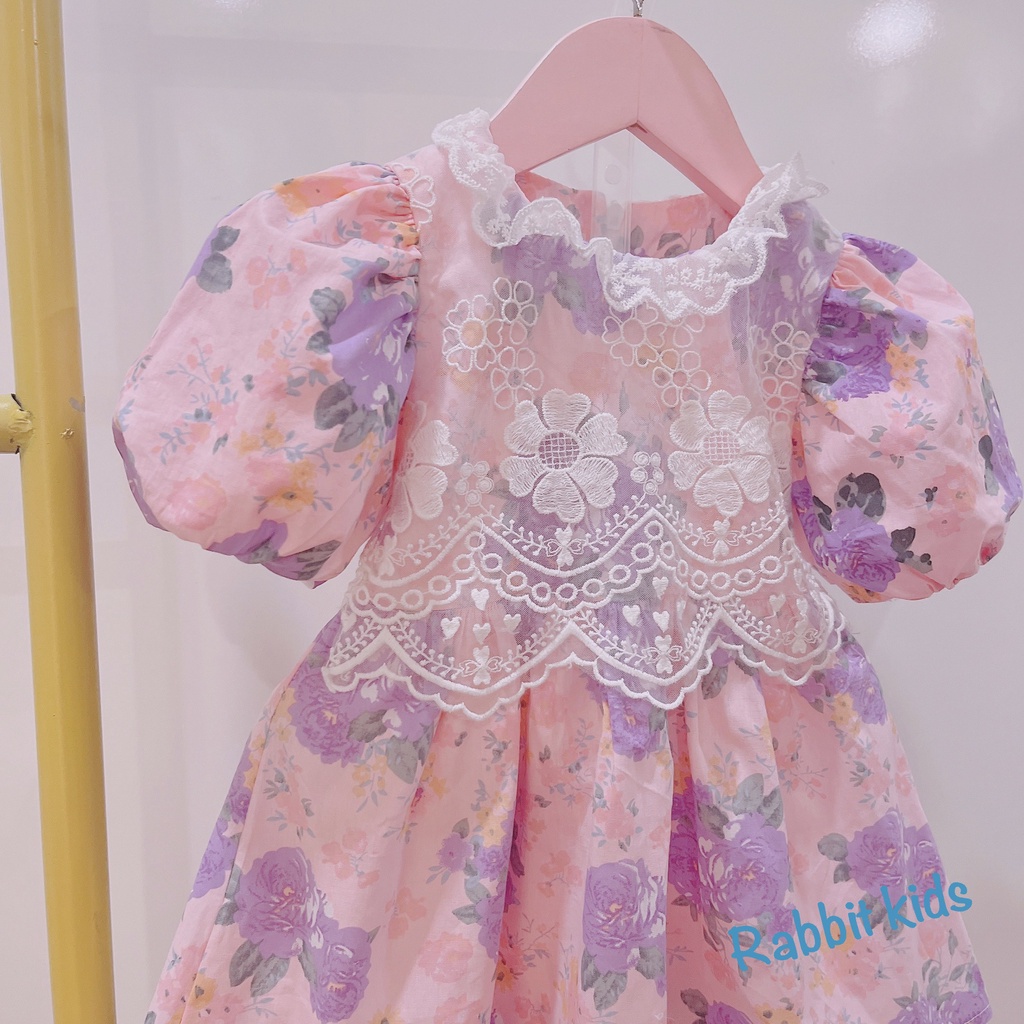 Đầm Bé Gái Size Đại 8-40kg💝FREESHIP💝 Rabbit Kids- Váy Công Chúa Hoa Tím Ren Bản To Cho Bé 5,6,7,8,9,10 tuổi