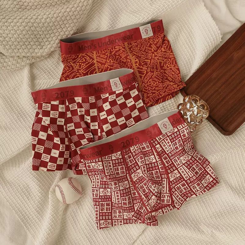 Set 3 Quần Lót Boxer Cotton Đỏ Thoáng Khí Thời Trang Năm Mới Cho Nam