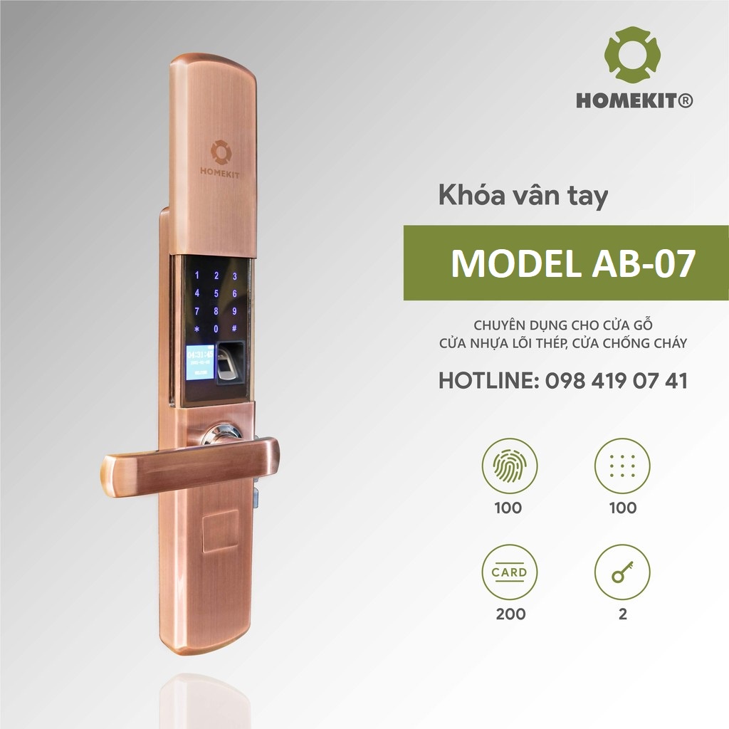 Khoá cửa vân tay điện tử thông minh HOMEKIT AB-07 dành cho cửa gỗ - mở cửa bằng vân tay, mật khẩu, thẻ từ và chìa cơ