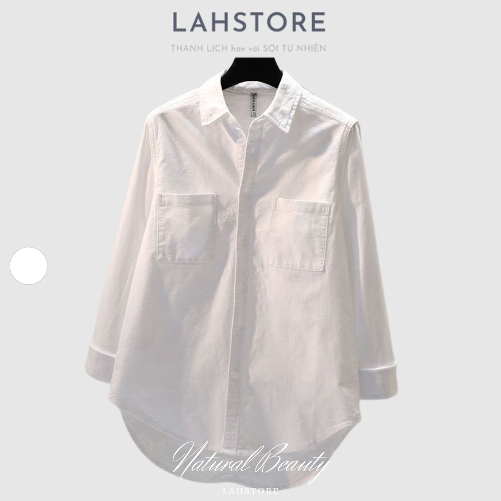 Áo sơ mi nữ tay dài form rộng LAHSTORE vải thô cotton cao cấp, cổ đức 2 túi ngực (Trắng)