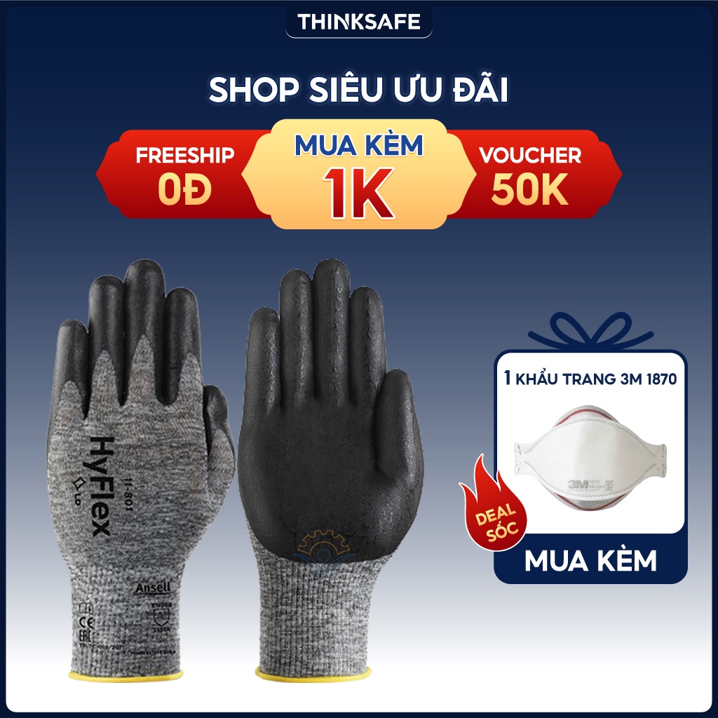 Găng tay đa dụng Hyflex 11-801, bao tay phủ Nitrile dầy, ôm khít tay, chống bám dầu mỡ, găng tay lao động đa năng