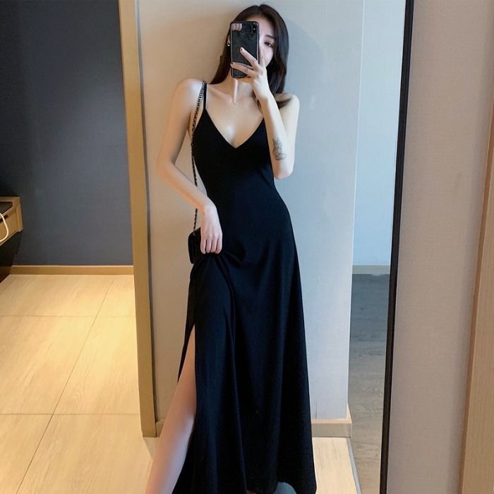 Đầm Hai Dây Cổ Chữ v Màu Đen Phong Cách Retro Gợi Cảm Cho Nữ Tj354