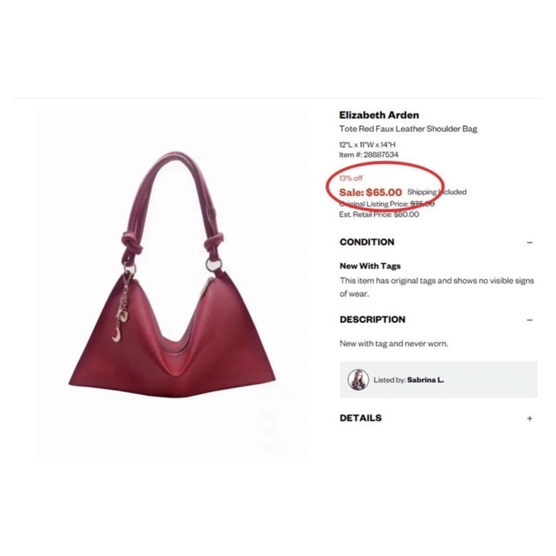 Túi Quai Xách, Đeo Vai Da Pu Size To Hãng Elizabeth Màu Đỏ