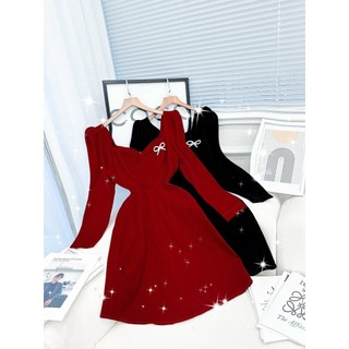 BIGSIZE (60-90KG) ĐẦM CỔ CÚP TAY DÀI TAG NƠ ĐÁ