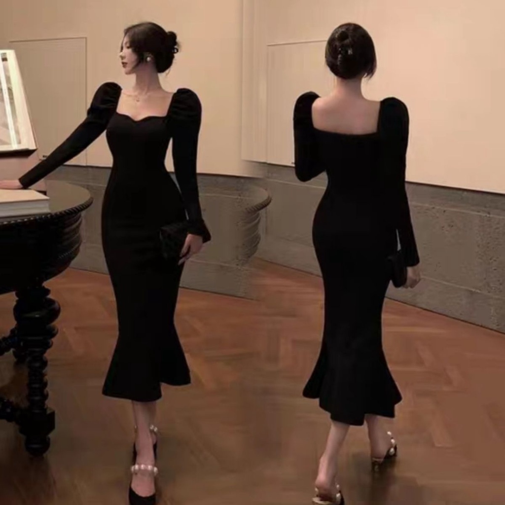 Đầm Cổ Vuông Thiết Kế Mới Thời Trang Theo Phong Cách Pháp 2022✨✨Đầm Đuôi Cá Tay Dài Phồng Màu Đen Phong Cách Hepburn