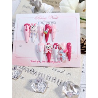 Móng úp thiết kế nailbox charm hoạt hình hồng dễ thương sơn gel thỏ kẹo ngọt