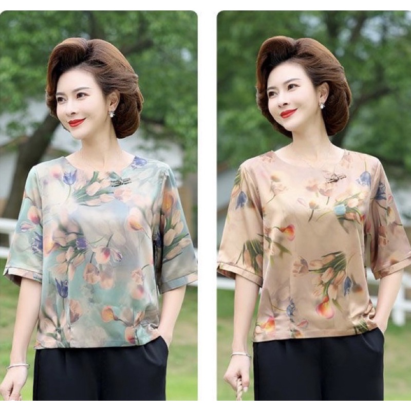 Áo lụa trung niên cho mẹ thiết kế tay lỡ sang trọng