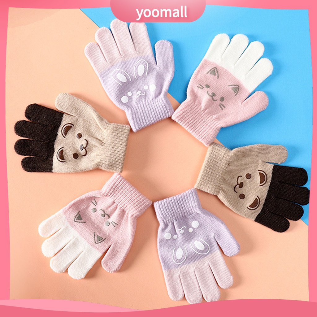 1 Đôi Găng Tay Dệt Kim Dày Giữ Ấm In Họa Tiết Thú Hoạt Hình Dễ Thương Cho Bé