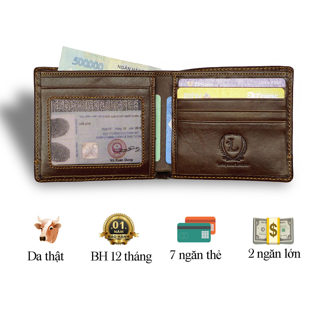 Ví nam mini nhỏ gọn da bò thật fullbox box bảo hành 12 tháng