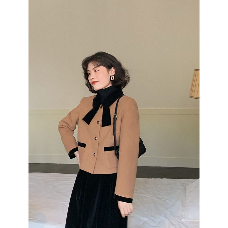 [Hàng Có Sẵn] Áo Khoác Tweed Ngắn Vải Tuýt Thắt Nơ Phong Cách Vintage Pháp Đơn Giản Thời Trang