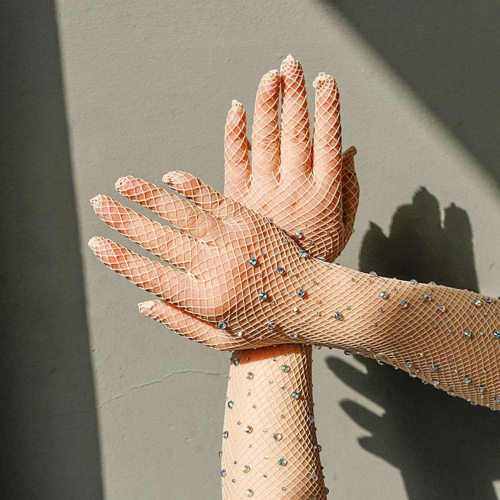 Găng Tay Lưới Co Giãn Đính Hạt Kim Cương Lấp Lánh Dùng Biểu Diễn Sân