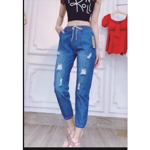 Quần baggy jeans nữ lưng thun có dây rút
