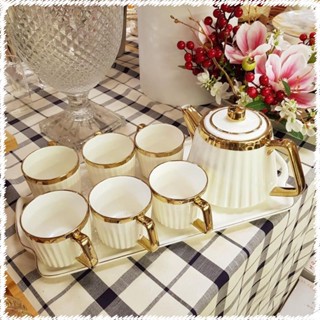  BỘ ẤM CHÉN KÈM KHAY SỨ PHA TRÀ CÀ PHÊ TRẮNG VIỀN VÀNG VÂN TĂM 