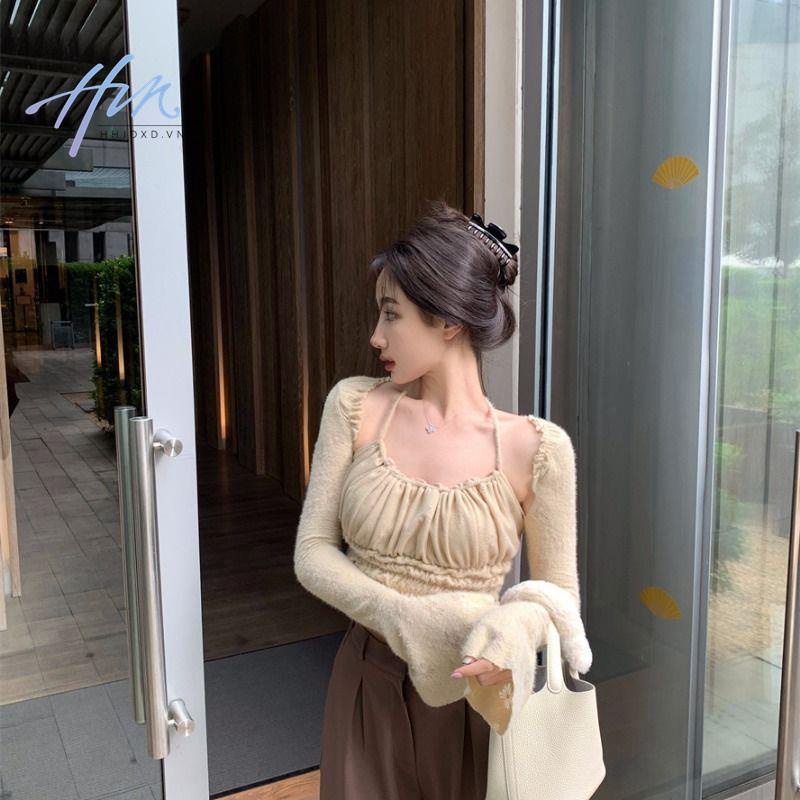 Áo Thun Đen Tay Dài Ống Loe Giả Hai Lớp Thời Trang Mùa Thu Cho Nữ