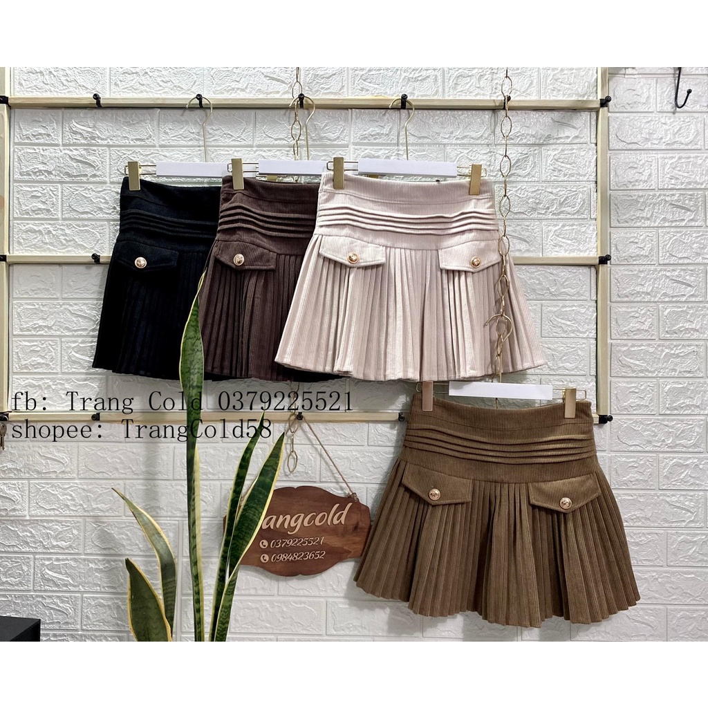 Chân váy xếp li nhung tăm nắp túi khuy vàng hàng QC đẹp (Ảnh thật shop chụp chèn tên)