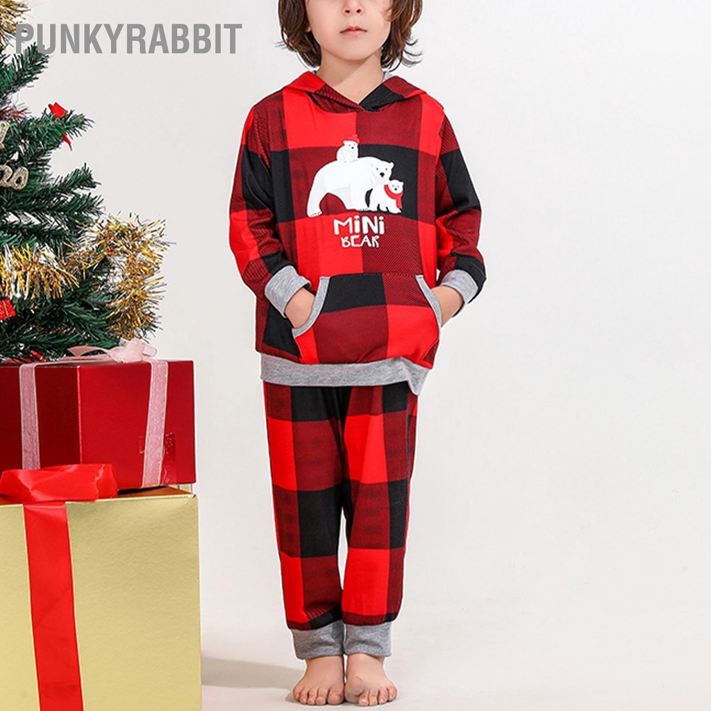 PunkyRabbit Giáng Sinh Họ Bộ Đồ Ngủ Kẻ Sọc In Thun Tay Dài Có Mũ Trên Rời Quần