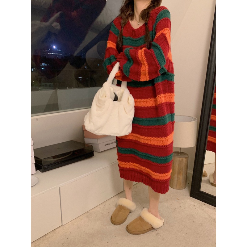 Áo Khoác Len Dệt Kim Dáng Rộng Họa Tiết Kẻ Sọc Màu Sắc retro Dành Cho Nữ